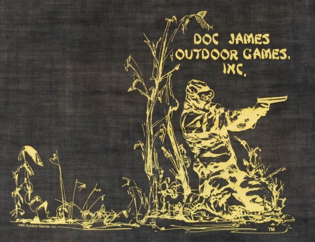 Full shot of Michael Karman's Doc James Outdoor Games flag. Has the date of 1985 on it.