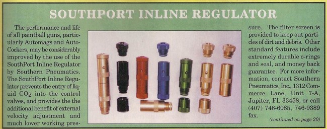 New product ad from the August 1994 issue of Paintball Sports International featuring the Southern Pneumatics South Port Regulator.