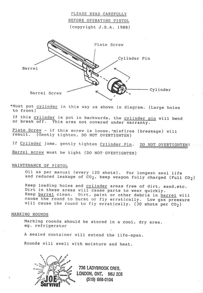 Detail sheet for Joe Survival modified Crosman 357 (3357) that has been modified by Joe Survival.