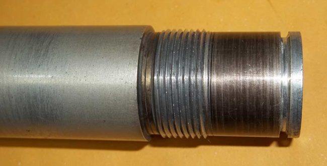 Rootbeer anodized barrel threads on Sniper 1 #21. Oring breech seal cut on breech of barrel was a test modification and likely short lived.