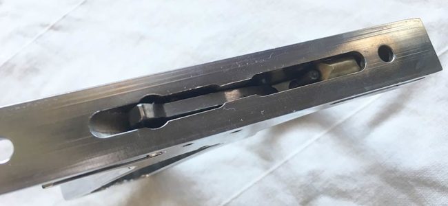 Top of Kapp Frame showing brass cylinder that is moved by trigger pivor.