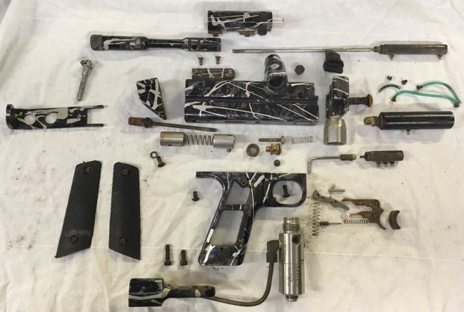 Breakdown shot of Rick's Minicocker. Disassembled with the help of Paintball Tek dot com!