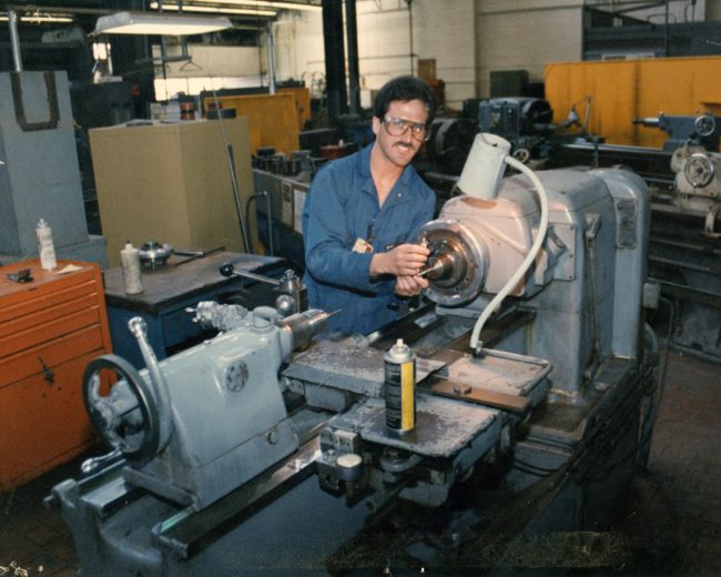 Rick on a Monarch Lathe at the Concord Naval Weapons Station in the early 1990s. He writes, "My favorite machine, the Monarch Lathe." Photo courtesy Rick Cendejas.