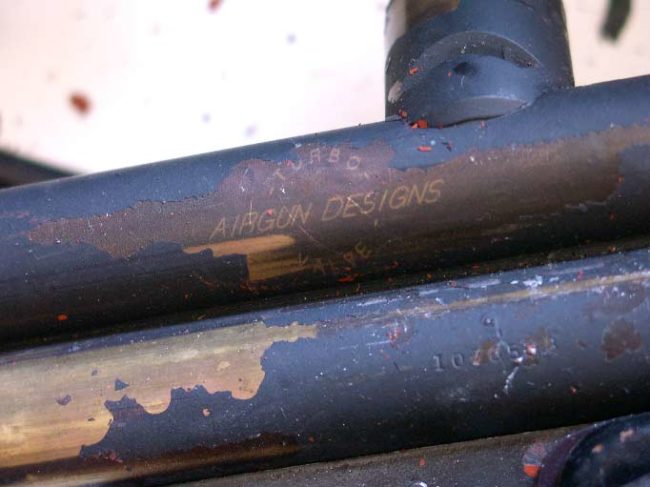Engraving on a poor shape Piranha Long Barrel I purchased back in 2004. This paintgun was coated in a matte rattle can finish. When removing the finish I came across the AGD "Turbo Valve" engraving.