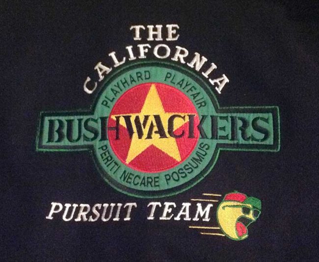The California Bushwackers logo on the back of Bushwacker patch on the front of John Coleman's Bushwacker letterman jacket. Photo courtesy John Coleman.