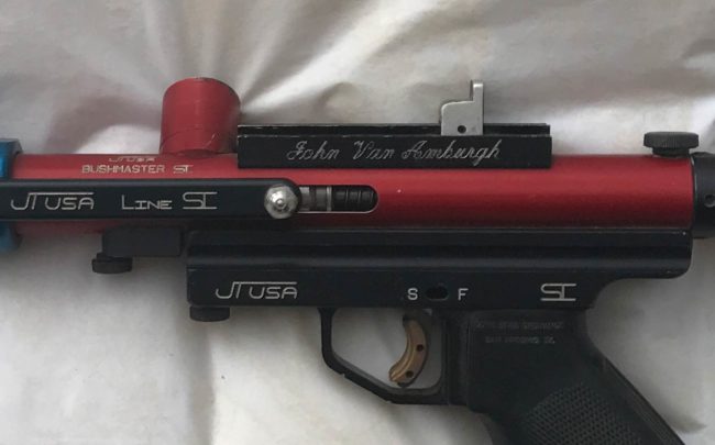 Close up of left side of JT USA Bushmaster with John Van Amberg engraving on sight rail. Photo courtesy John Coleman.
