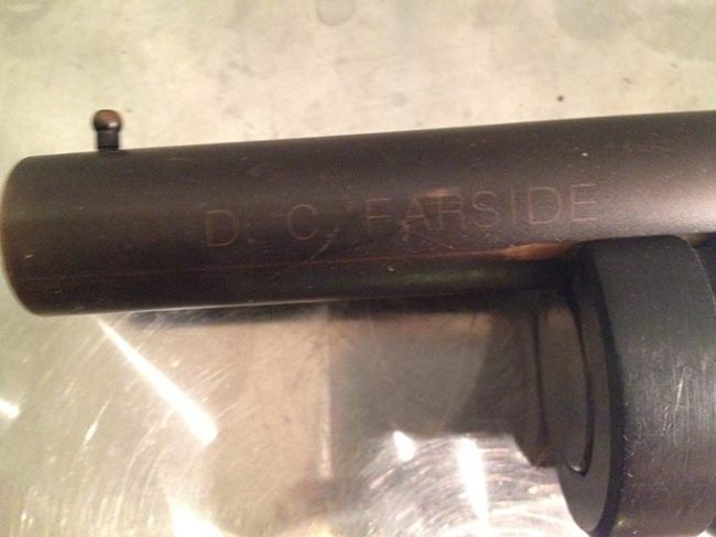 D.C. Farside, engraved on the barrel of Michael Karman's PMI Piranha Long Barrel. D.C. stands for Direct Connect. Photo courtesy Michael Karman.