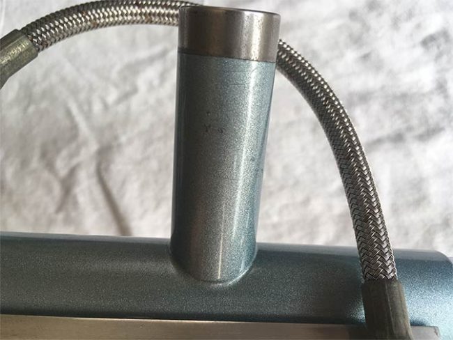 Feedneck in metallic sky blue with masked in of feed.