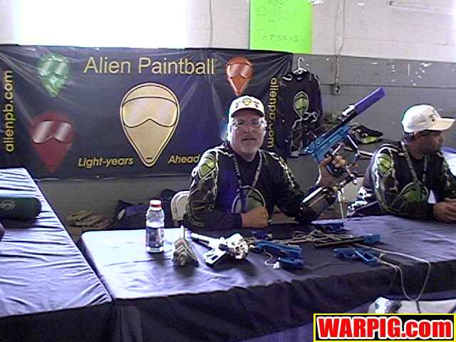 Jack Rice and Duane Parsons, of Alien Paintball, exhibiting at the July 2003 IAO Trade Show. Photo courtesy Bill Mills of Warpig.com.