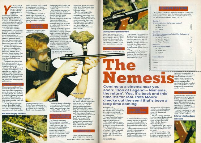Paintball Games International's November 1992 write up on the Nemesis. 1.3 meg scan.