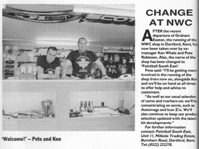 This November 1992 news blurb from PGI showed Ken Whale and Pete "Robbo" Robinson at the Paintball South East. Notice the Legend/Nemesis in the background.