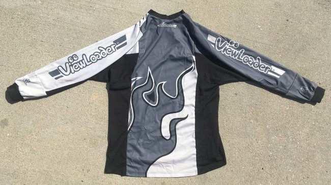Back side of late 1990's Viewloader Jersey with grey and white flames.