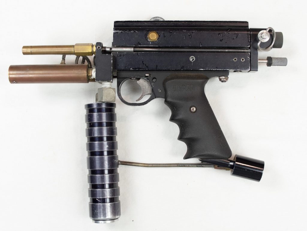 Rick Cendejas' early Autococker. Cendejas did most of the modifications on this marker. Left side. Set up for Co2. With PPS Rock.