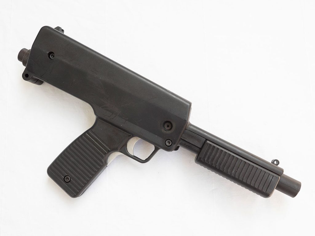Right side of early Air Gun Game Supplies Mark 1 paintball pistol. Commonly referred to as the "UZI."