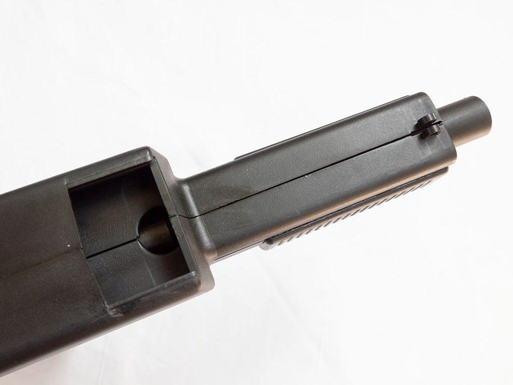 Top view showing the internal hopper on the early Air Gun Game Supplies Mark 1 paintball pistol.