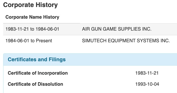Dates for Air Gun Game Supplies and Simutech.
