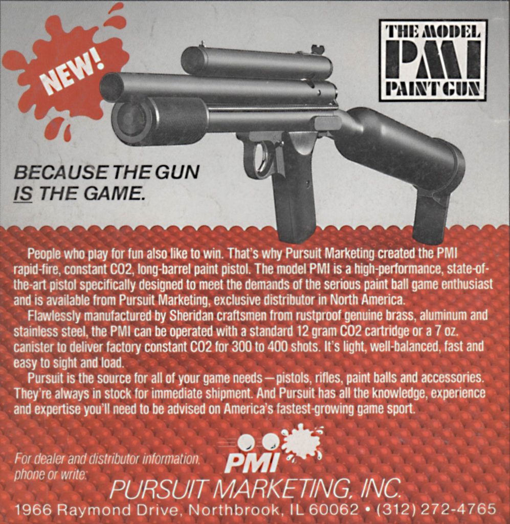 PMI's Pursuit Pistol ad on the inside cover of the premiere issue of Action Pursuit Games, Fall 1987.