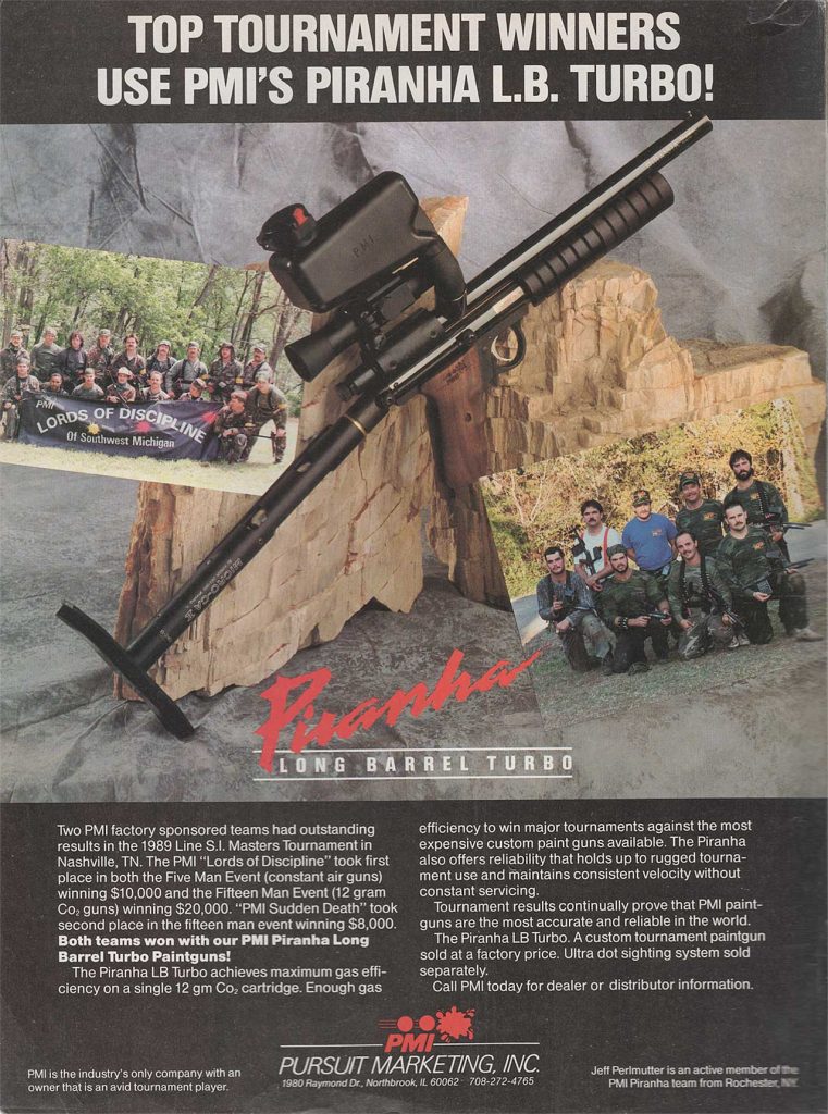 PMI Piranha Tournament Special Long Barrel advertised in the July 1990 issue of Action Pursuit Games.