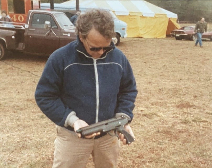 Bob Gurnsey of National Survival Games, shows off the prototype for the Splatmaster in 1984. Photo courtesy Billy Kuzepski, from the archives of Barry Vansant of Delaware Survival Games.