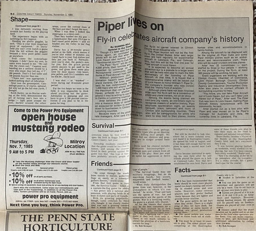 Page two of the Centre Daily Times, Sunday November 1985 covering the Survival Game, Ed Davis and the Highly Irregulars.