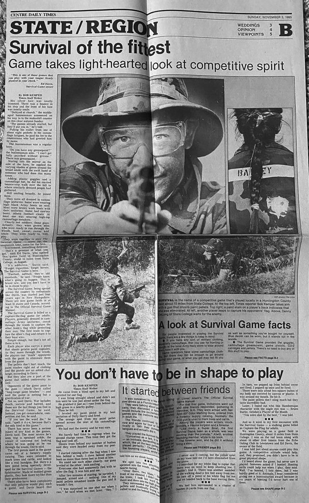 Centre Daily Times, Sunday November 1985 covering the Survival Game, Ed Davis and the Highly Irregulars.