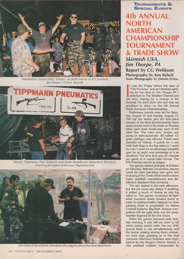 4th Annual North American Championship Tournament and Trade Show at Skirmish USA, in Jim Thorpe, PA. Page 1. Scanned from the December 1989 issue of Paintcheck. Report by CG Welikson and Photography by Ken Kelsch.