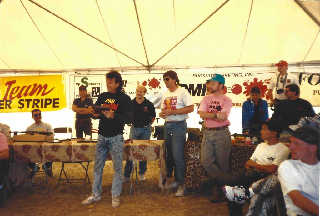 Fred Shultz, Jeff Perlmutter, Jim Lively, Sam Cauldwell, Tracy West and David Freeman at the 1991 Bay City Open Lively Event. Photo from the archives of Randy Kamiya.