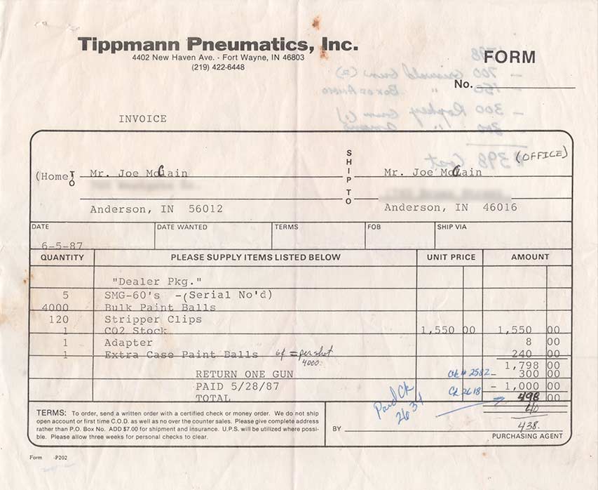 Joseph McClain's invoice from Tippmann for his 5 SMG 60s. Notice the line, "Serial No'd"